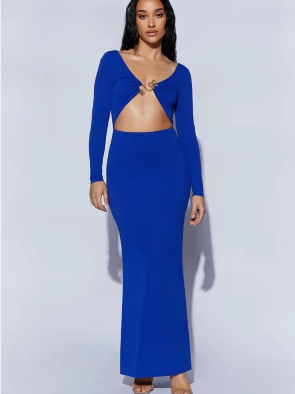 Meshki Mehlika Long Sleeve Persian Blue Cutout Maxi Dress - M